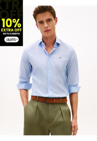 Camisa Celeste De Manga Larga Con Micro Estampado Tommy Hilfiger Tommy Hilfiger