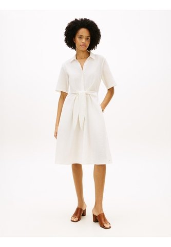 Vestido Blanco Midi De Lino Con Cinturón Y Nudo Tommy Hilfiger Tommy Hilfiger