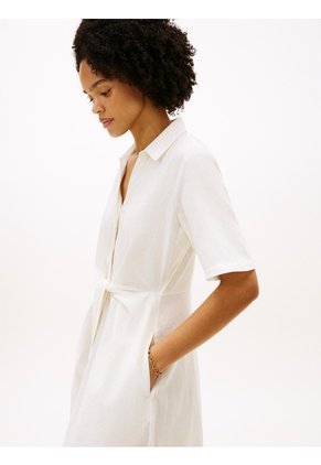 Vestido Blanco Midi De Lino Con Cinturón Y Nudo Tommy Hilfiger
