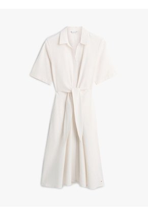 Vestido Blanco Midi De Lino Con Cinturón Y Nudo Tommy Hilfiger