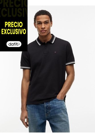 Polo Negro De Corte Regular Ribeteado Con Logo Tommy Jeans Tommy Hilfiger