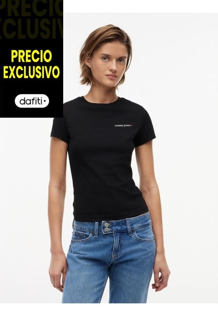 Camiseta Negra Slim De Punto Con Logo Tommy Jeans