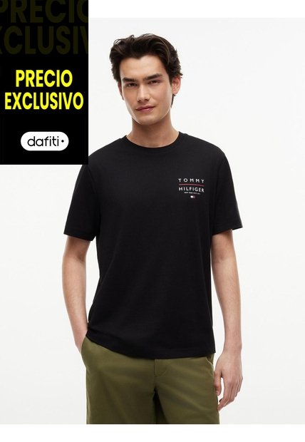 Camiseta Negra De Cuello Redondo Con Logo Estampado Gráfico Tommy Hilfiger