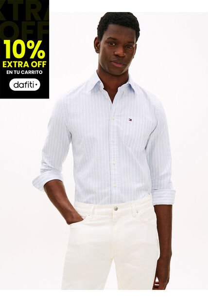 Camisa Azul De Rayas Anchas Con Corte Regular Tommy Hilfiger