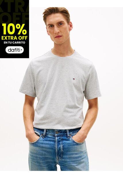 Camiseta Gris De Cuello Redondo Con Logo Bordado Tommy Hilfiger