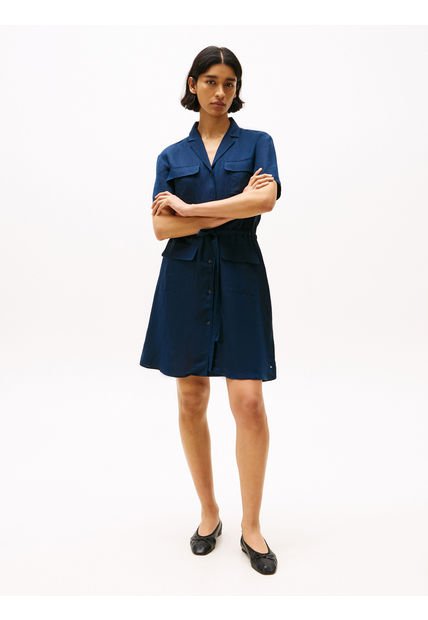 Vestido Azul Camisero Corto De Mezcla De Lino Tommy Hilfiger