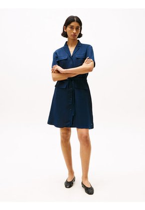 Vestido Azul Camisero Corto De Mezcla De Lino Tommy Hilfiger