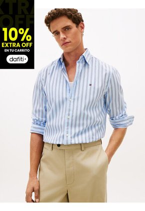 Camisa Celeste Flex Polin Con Rayas Tommy Hilfiger