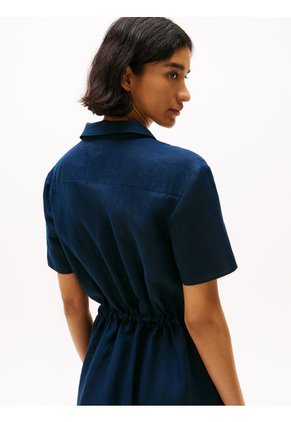 Vestido Azul Camisero Corto De Mezcla De Lino Tommy Hilfiger