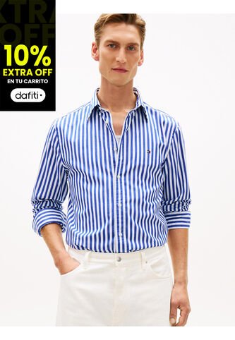 Camisa Azul De Popelín A Rayas TH Flex Tommy Hilfiger Tommy Hilfiger