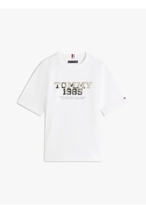 Camiseta Blanca 1985 De Cuello Redondo Con Gráfico Tommy Hilfiger