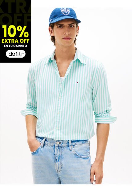 Camisa Celeste De Popelín A Rayas TH Flex Tommy Hilfiger