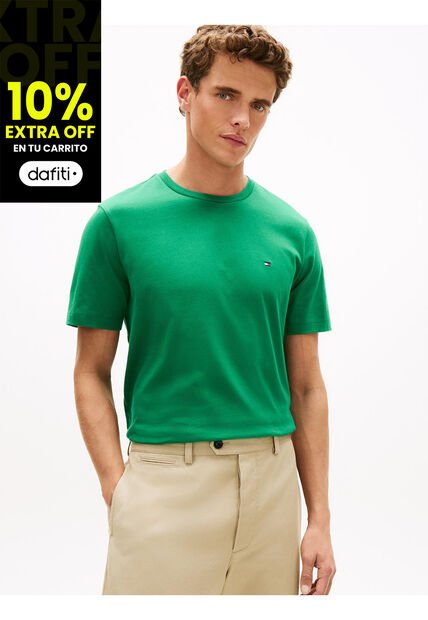 Camiseta Verde De Cuello Redondo Con Logo Bordado Tommy Hilfiger