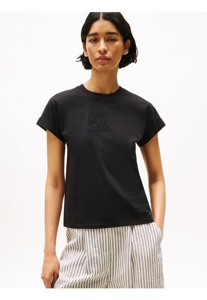 Camiseta Negra De Cuello Redondo Con Logo Bordado Tommy Hilfiger