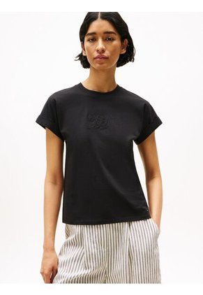 Camiseta Negra De Cuello Redondo Con Logo Bordado Tommy Hilfiger