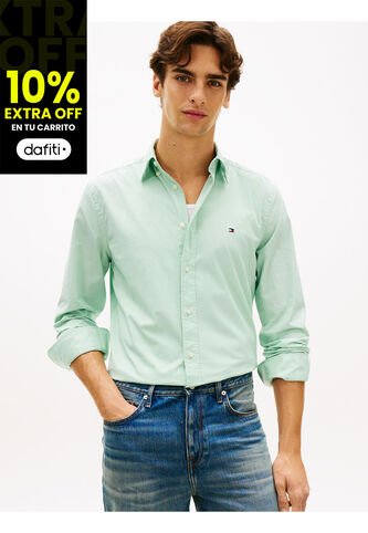 Camisa Verde TH Flex Regular De Popelín Tommy Hilfiger Tommy Hilfiger