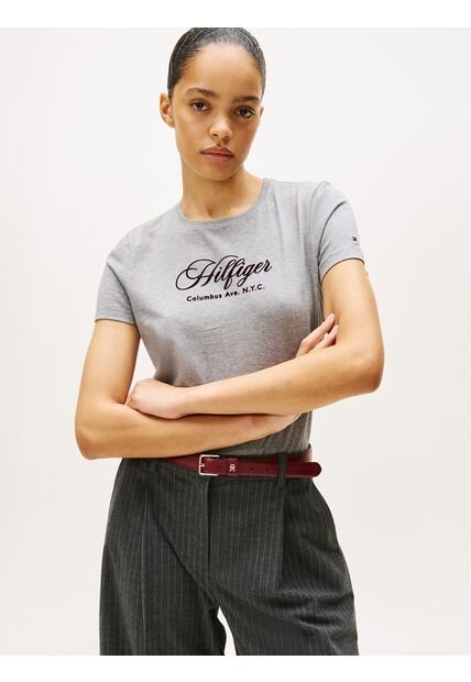 Camiseta Gris De Cuello Redondo Con Logo Bordado Tommy Hilfiger
