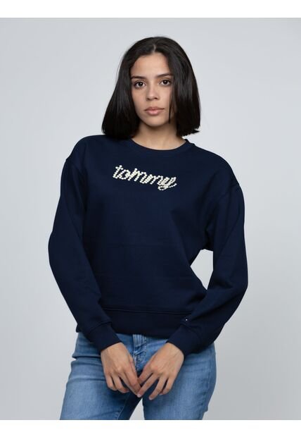 Saco Azul Oscuro Fleece De Cuello Redondo Con Logo Gráfico Tommy Hilfiger