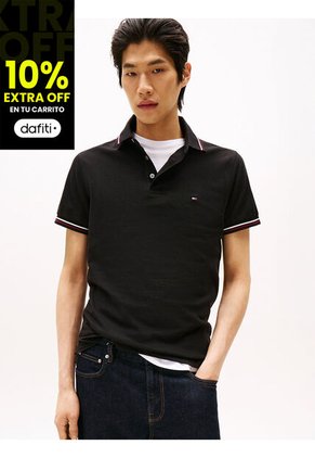 Polo Negro De Corte Slim Con Ribetes Tommy Hilfiger