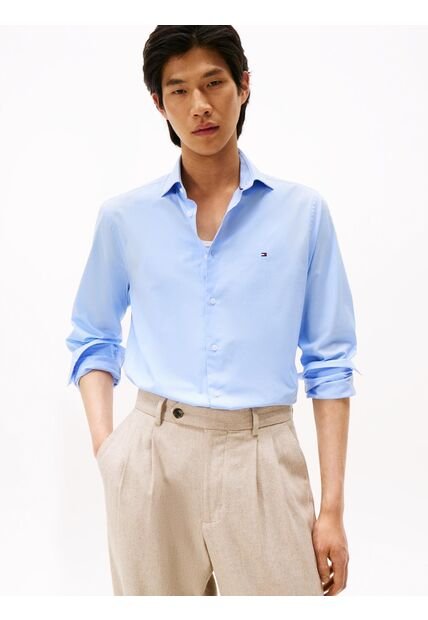 Camisa Celeste Flex Poplin De Corte Slim Tommy Hilfiger