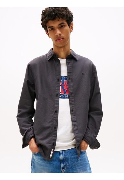 Camisa Negra Oxford Con Cuello Abotonado Tommy Jeans