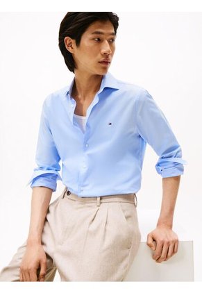 Camisa Celeste Flex Poplin De Corte Slim Tommy Hilfiger