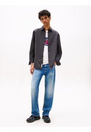 Camisa Negra Oxford Con Cuello Abotonado Tommy Jeans