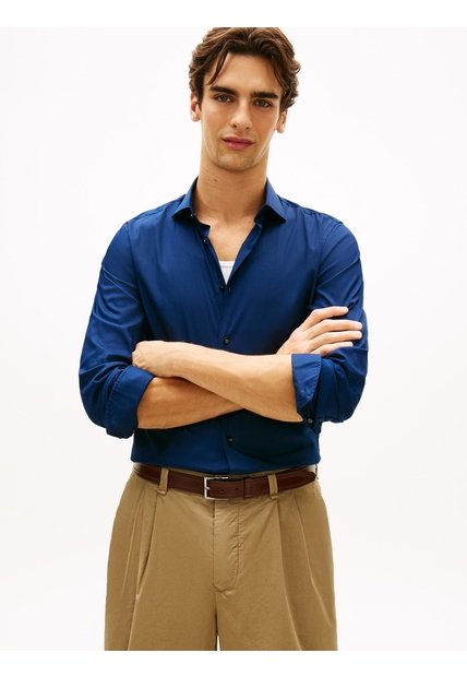 Camisa Azul De Sarga TH Flex New York Label Con Corte Slim Tommy Hilfiger