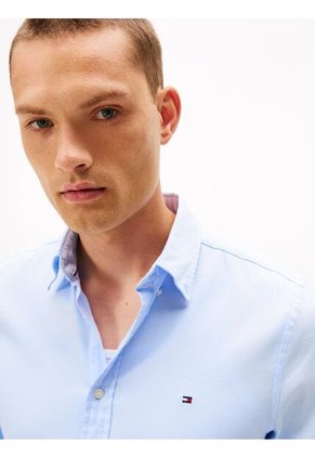 Camisa Celeste Slim De Hilo Teñido Tommy Hilfiger