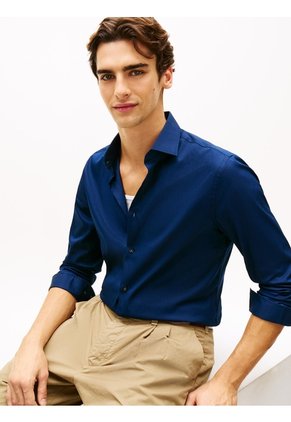Camisa Azul De Sarga TH Flex New York Label Con Corte Slim Tommy Hilfiger