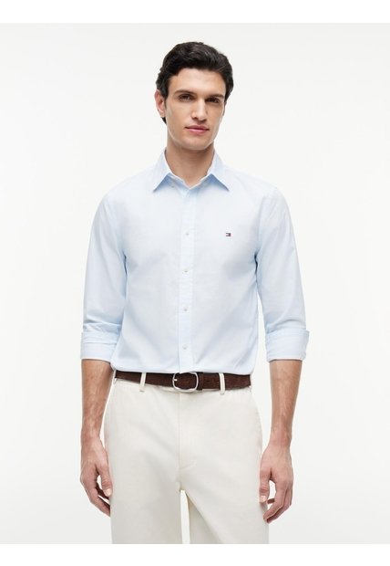 Camisa Azul Manga Larga Flex Poplin Con Logo Tommy Hilfiger