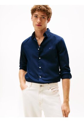 Camisa Azul Solid Con Logo Tommy Hilfiger