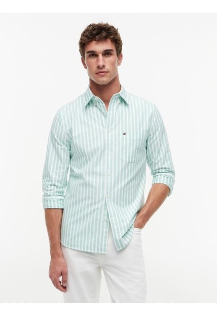 Camisa Verde Oxford De Rayas Y Corte Regular Tommy Hilfiger