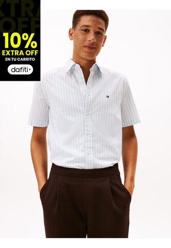 Camisa Celeste Flex Poplin De Rayas Manga Corta Con Logo Tommy Hilfiger Tommy Hilfiger