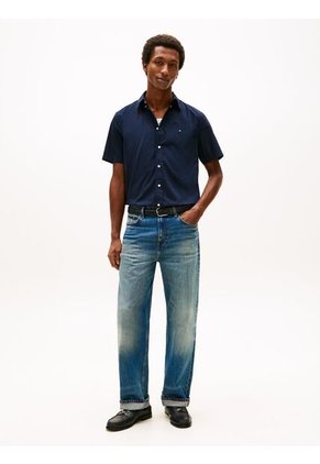 Camisa Azul Flex Poplin Solid De Manga Corta Tommy Hilfiger