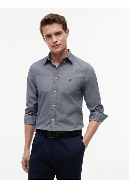 Camisa Azul Oscuro Manga Larga Flex Poplin Con Logo Tommy Hilfiger