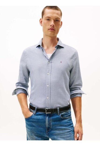 Camisa Azul De Corte Regular Con Estructura Dobby Con Estampado Tommy Hilfiger