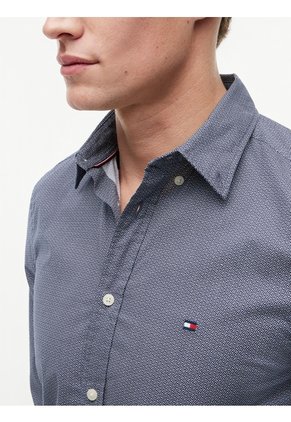 Camisa Azul Oscuro Manga Larga Flex Poplin Con Logo Tommy Hilfiger