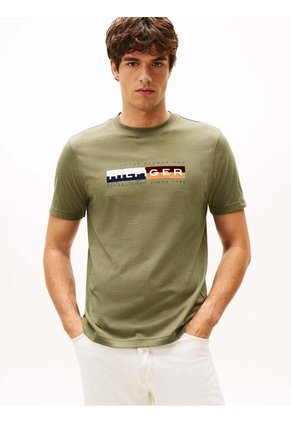 Camiseta Verde Con Logo Colorblock Estampado En El Pecho Tommy Hilfiger