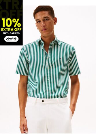 Camisa Beige Flex Poplin De Rayas Manga Corta Con Logo Tommy Hilfiger Tommy Hilfiger