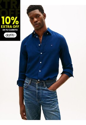 Camisa Azul Slim Flex Con Textura Dobby Tommy Hilfiger