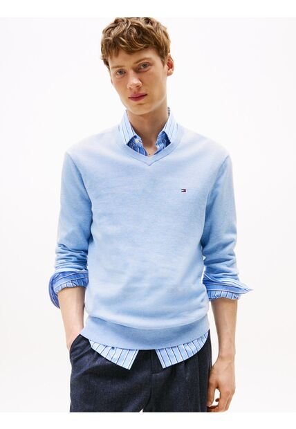 Saco Celeste Con Cuello En V Y Logo Bordado Tommy Hilfiger