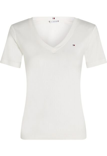 Camiseta Blanca De Cuello V Con Diseño De Rayas Tommy Hilfiger