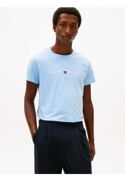 Camiseta Celeste Con Logo Bordado Tommy Hilfiger