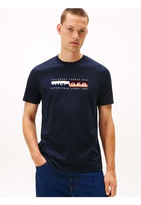 Camiseta Azul Con Logo Colorblock Estampado En El Pecho Tommy Hilfiger