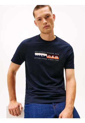 Camiseta Azul Con Logo Colorblock Estampado En El Pecho Tommy Hilfiger