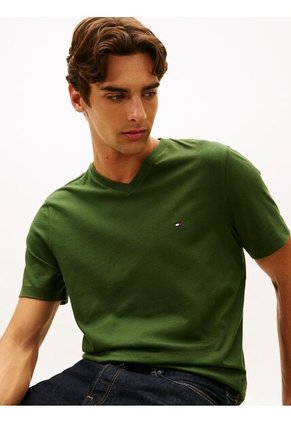 Camiseta Verde Con Cuello En V Y Logo Tommy Hilfiger