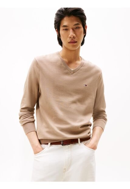 Saco Beige Con Cuello En V Y Logo Bordado Tommy Hilfiger