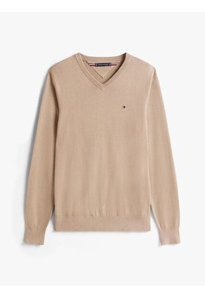 Saco Beige Con Cuello En V Y Logo Bordado Tommy Hilfiger