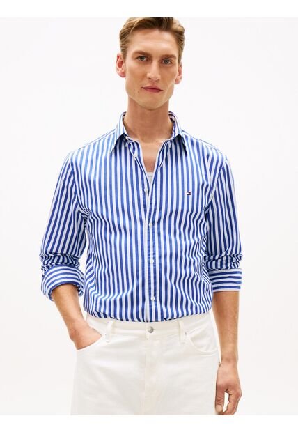 Camisa Azul De Popelín A Rayas TH Flex Tommy Hilfiger